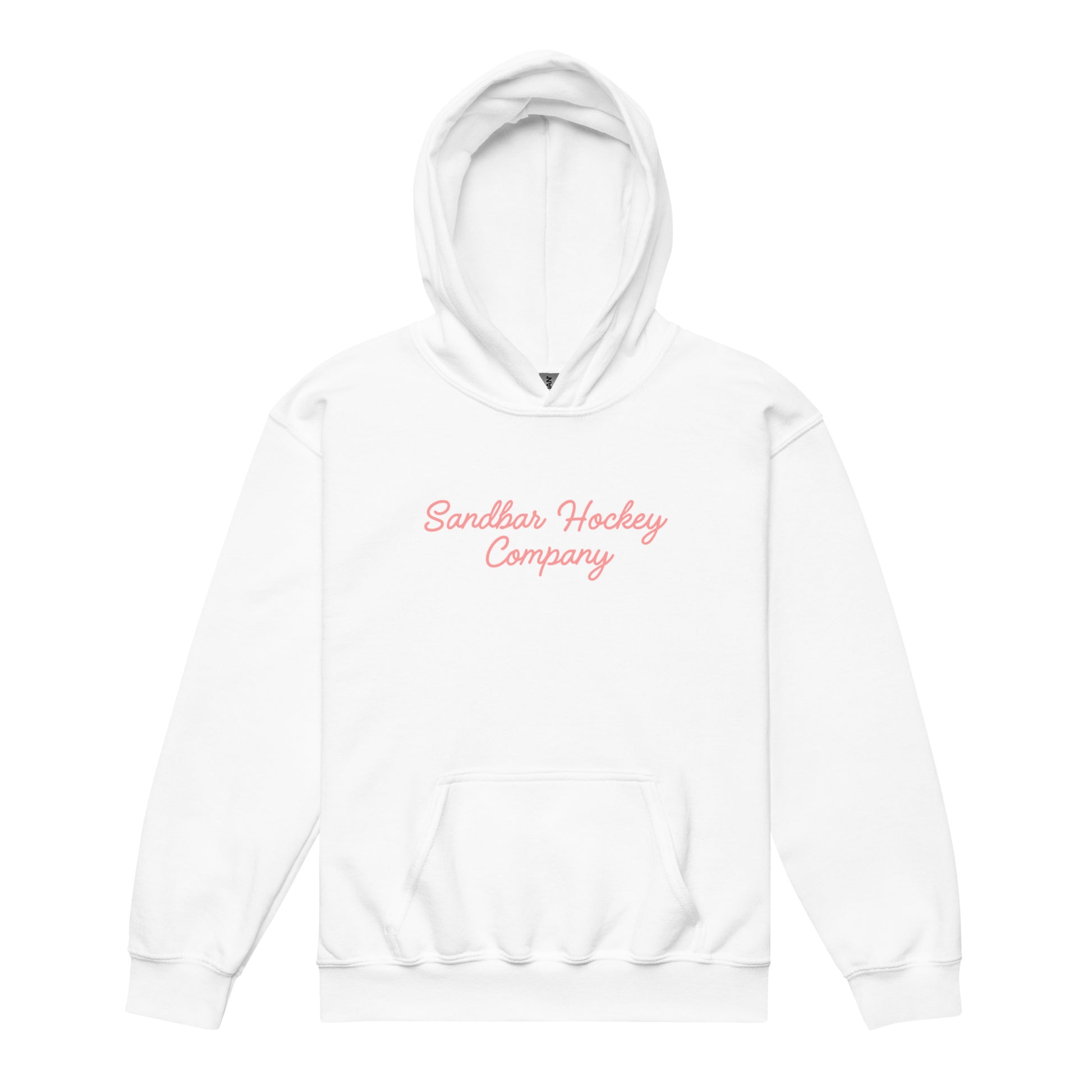White youth hockey hoodie front side with pink Sandbar Hockey Company cursive logo