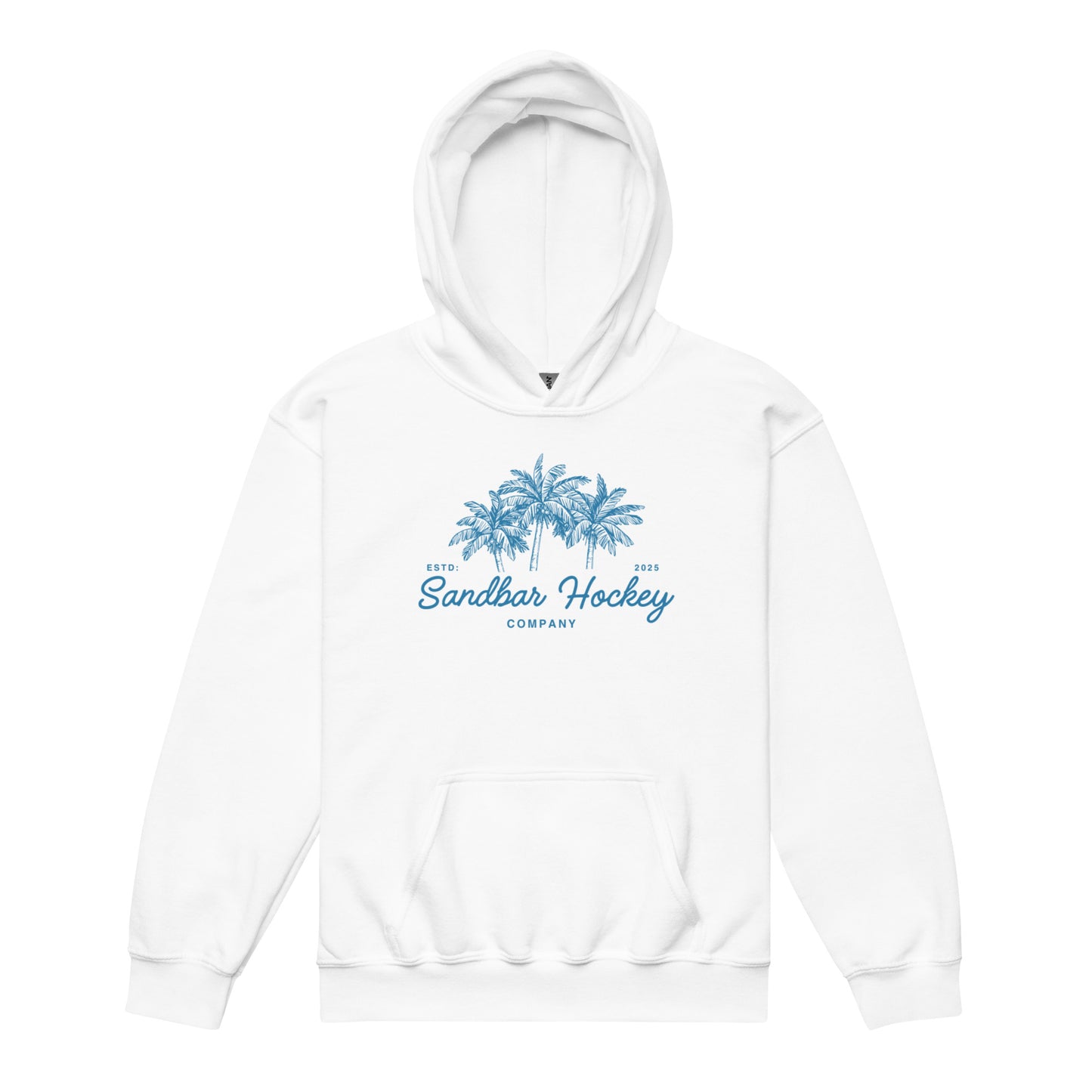White youth hockey hoodie front side with blue palm tree graphic and Sandbar Hockey Company cursive logo