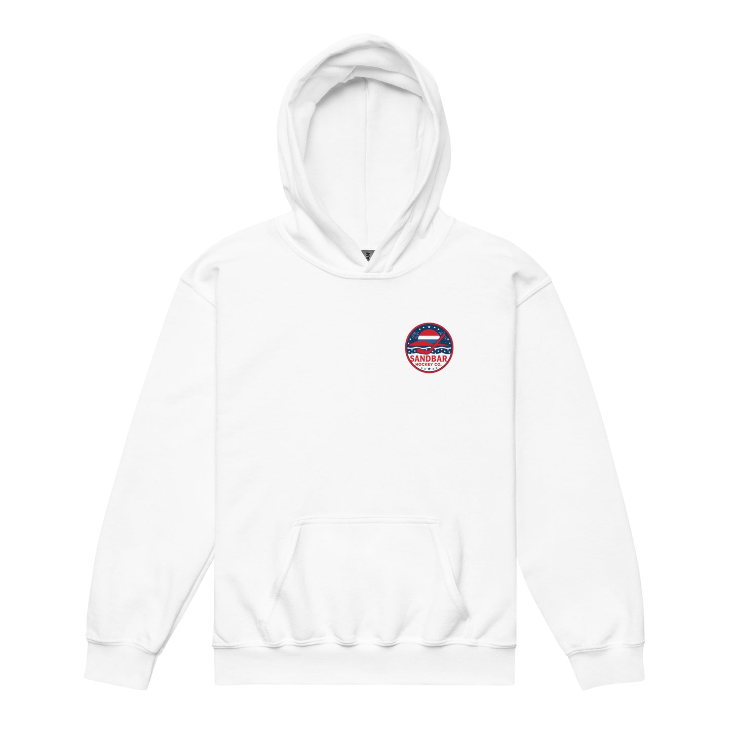 White youth hockey hoodie front side with small circular patriotic Sandbar Hockey chest logo
