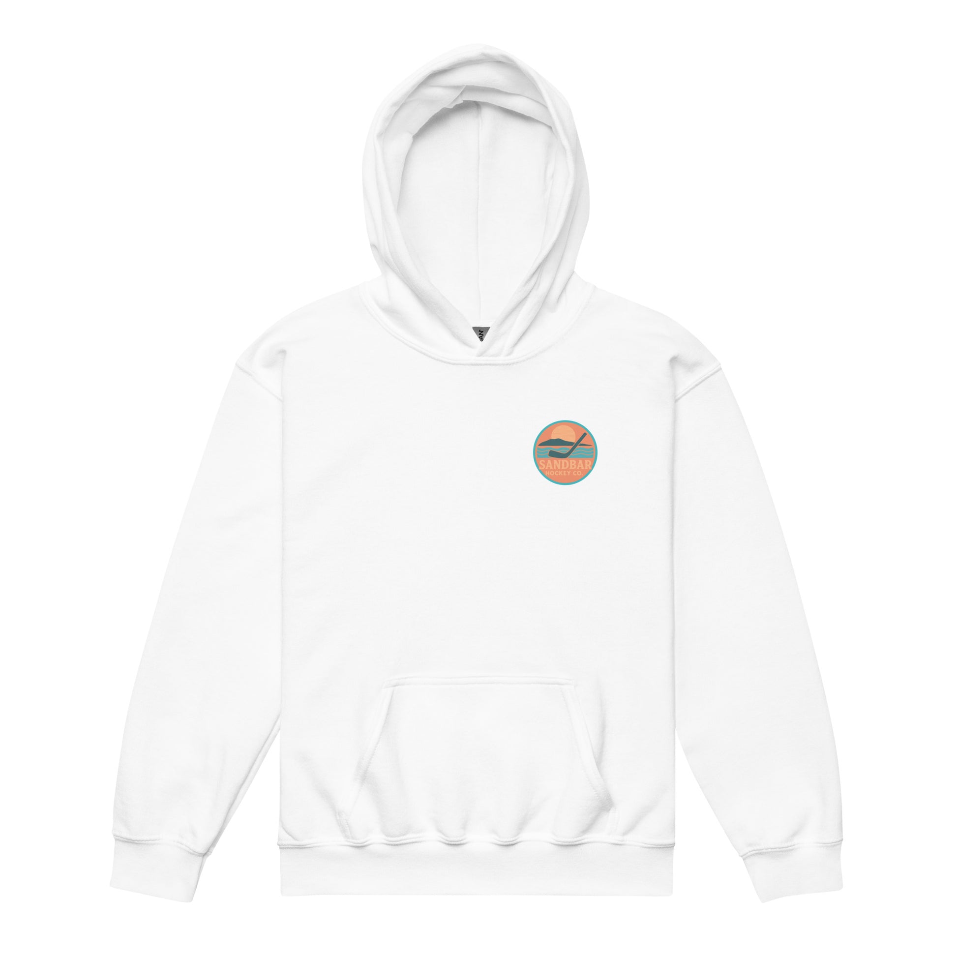 White youth hockey hoodie front side with small circular Sandbar Hockey Co. sunset, water, island, and hockey stick chest logo