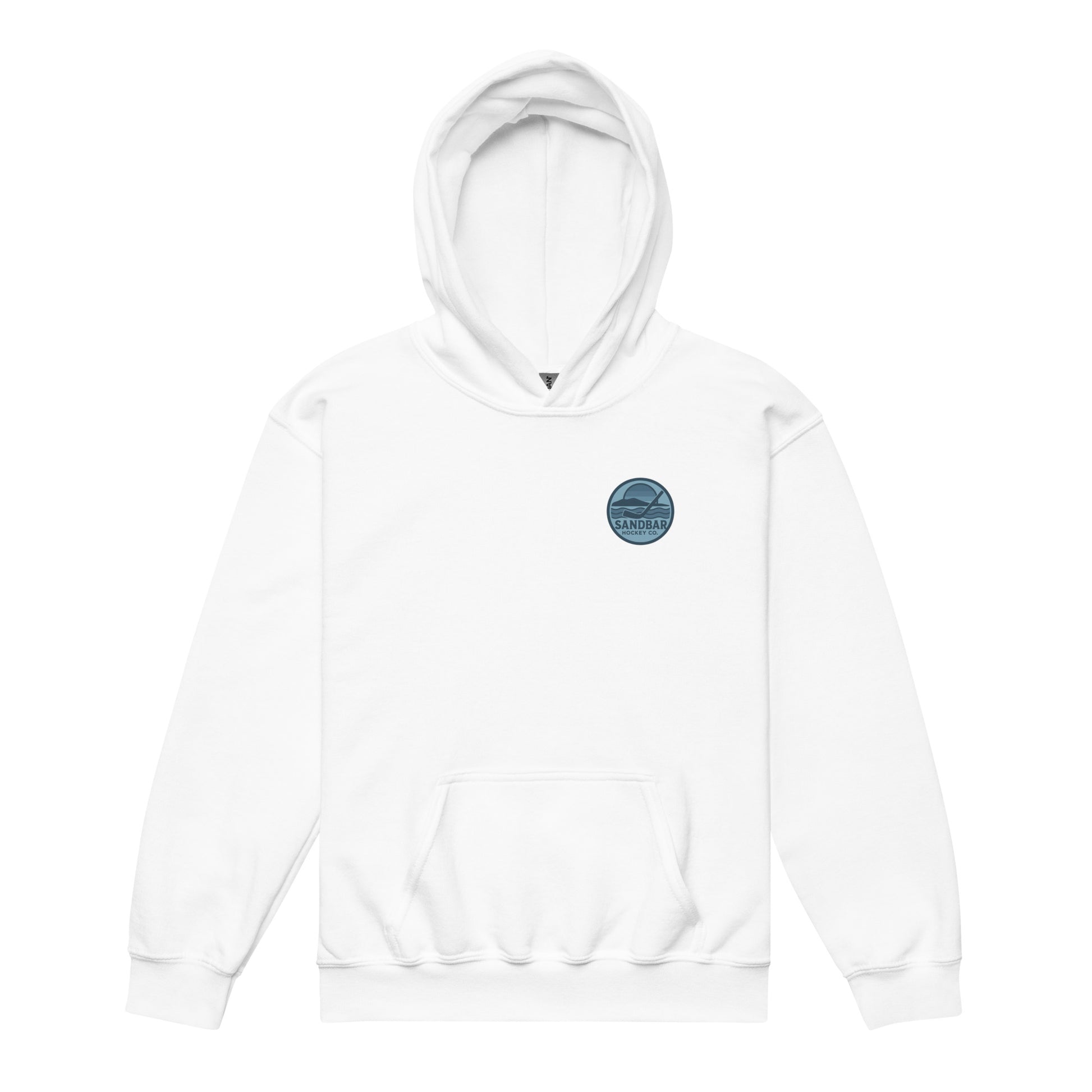 White youth roller hockey hoodie front side with small circular Sandbar Hockey Co. sunset, water, island, and hockey stick chest logo