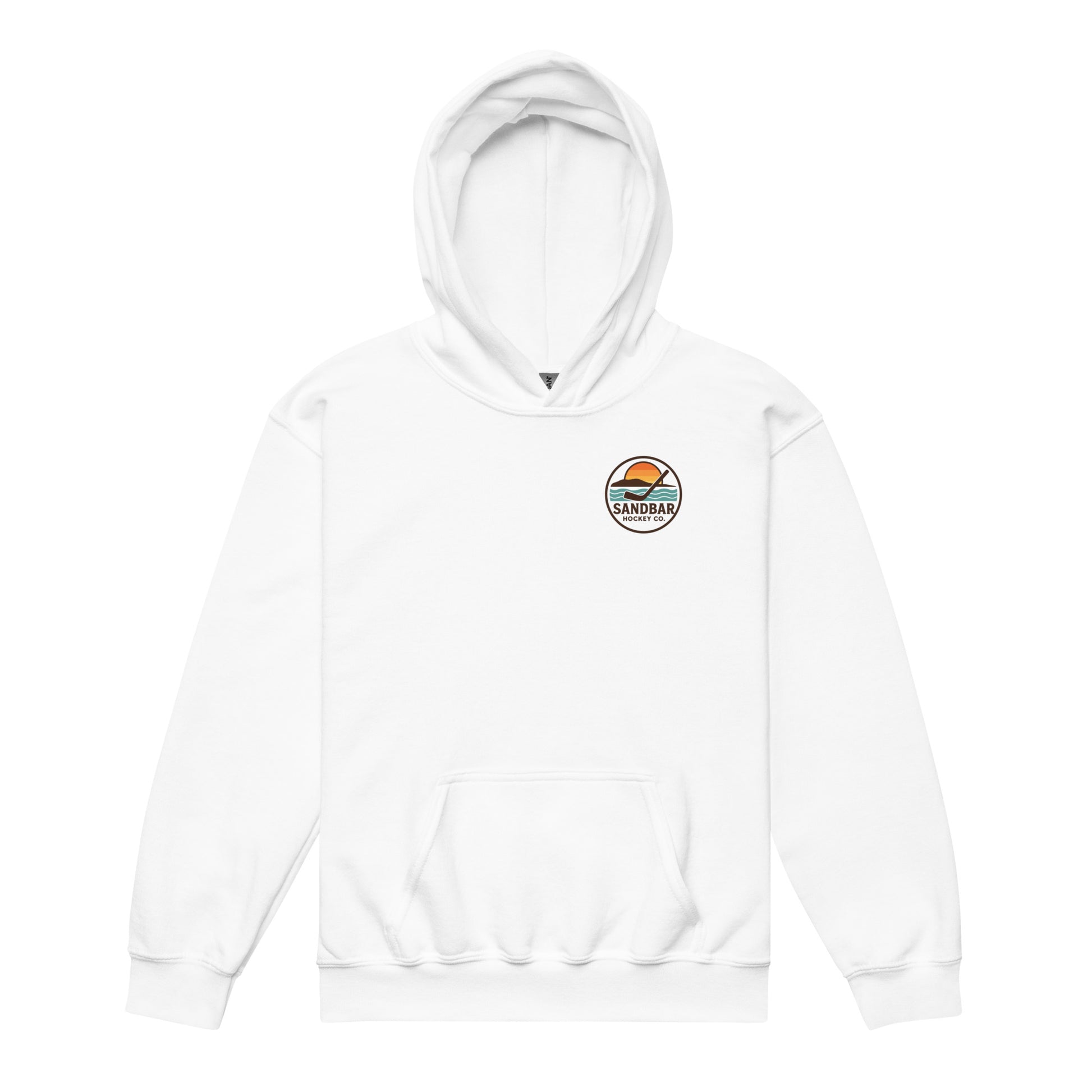 White youth hockey hoodie front side with small circular Sandbar Hockey Co. sunset, water, island, and hockey stick chest logo