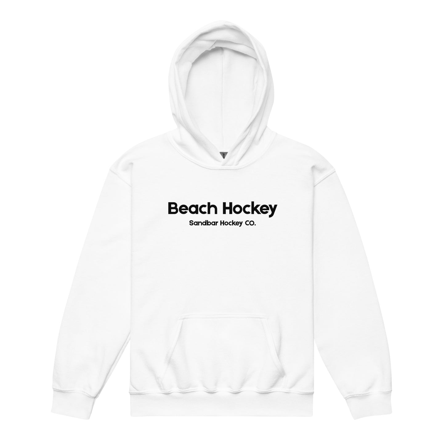White youth beach hockey hoodie front view with Beach Hockey Sandbar Hockey Co. text on the chest.