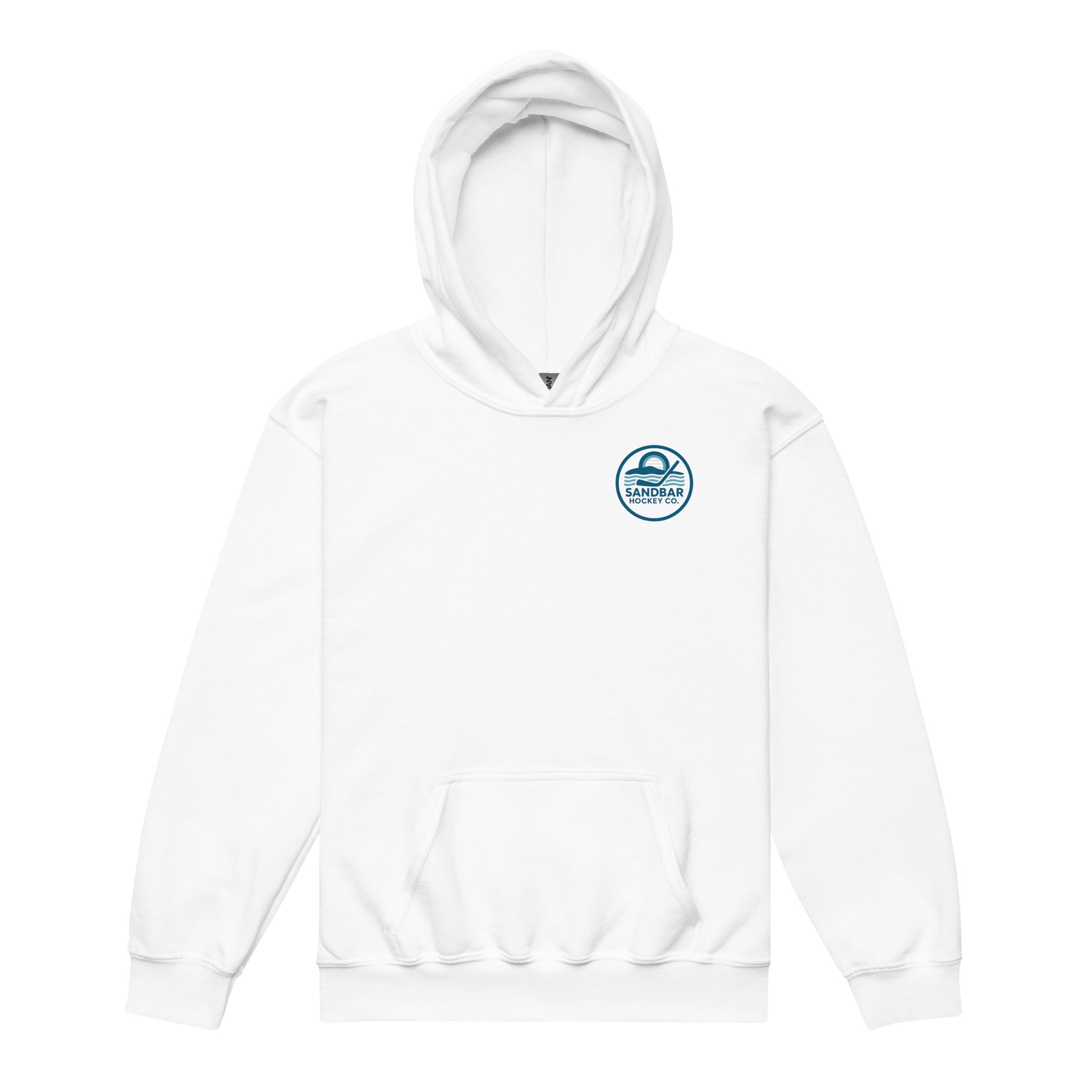 White youth roller hockey hoodie front view with small circular Sandbar Hockey Co. logo on the left chest.