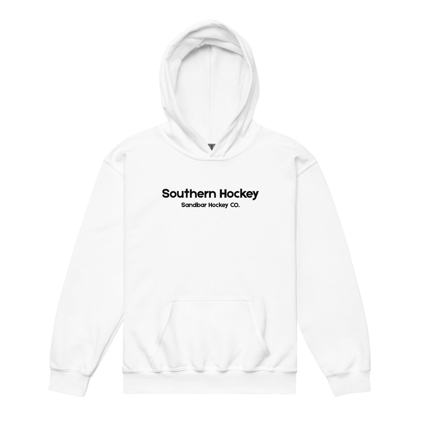 White youth southern hockey hoodie front view with Southern Hockey Sandbar Hockey Co. text on the chest.