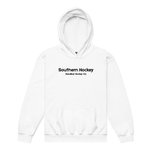 White youth southern hockey hoodie front view with Southern Hockey Sandbar Hockey Co. text on the chest.